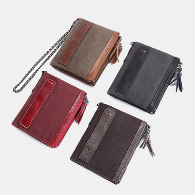 Retro Canvas Genuine Leather RFID Blocking Wallet with Double Zip Pocket