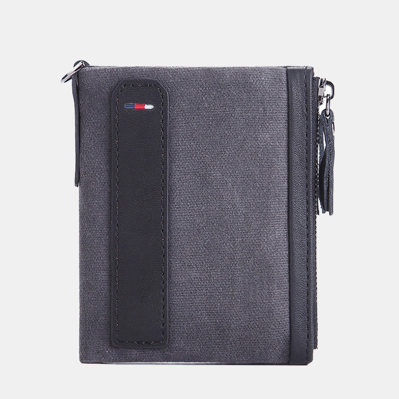 Retro Canvas Genuine Leather RFID Blocking Wallet with Double Zip Pocket