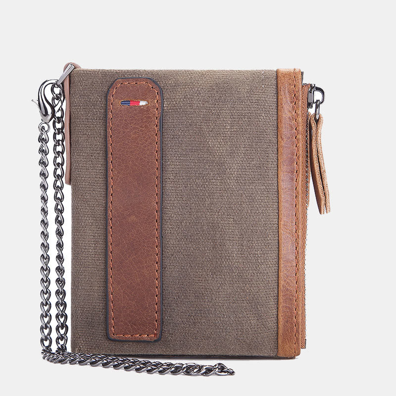 Retro Canvas Genuine Leather RFID Blocking Wallet with Double Zip Pocket