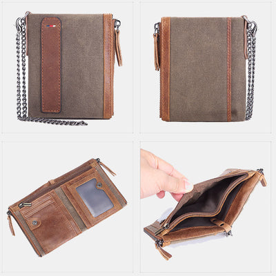 Retro Canvas Genuine Leather RFID Blocking Wallet with Double Zip Pocket