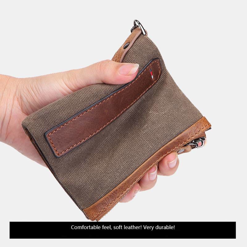 Retro Canvas Genuine Leather RFID Blocking Wallet with Double Zip Pocket