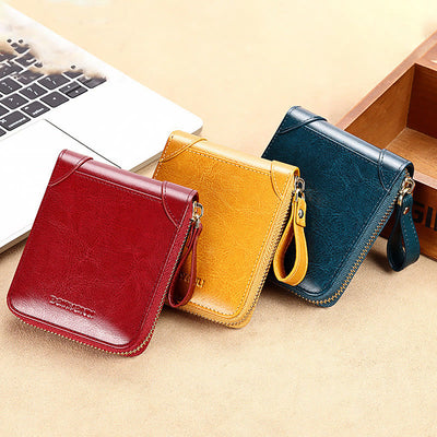 Genuine Leather RFID Blocking Zip Around Trifold Wallet for Women