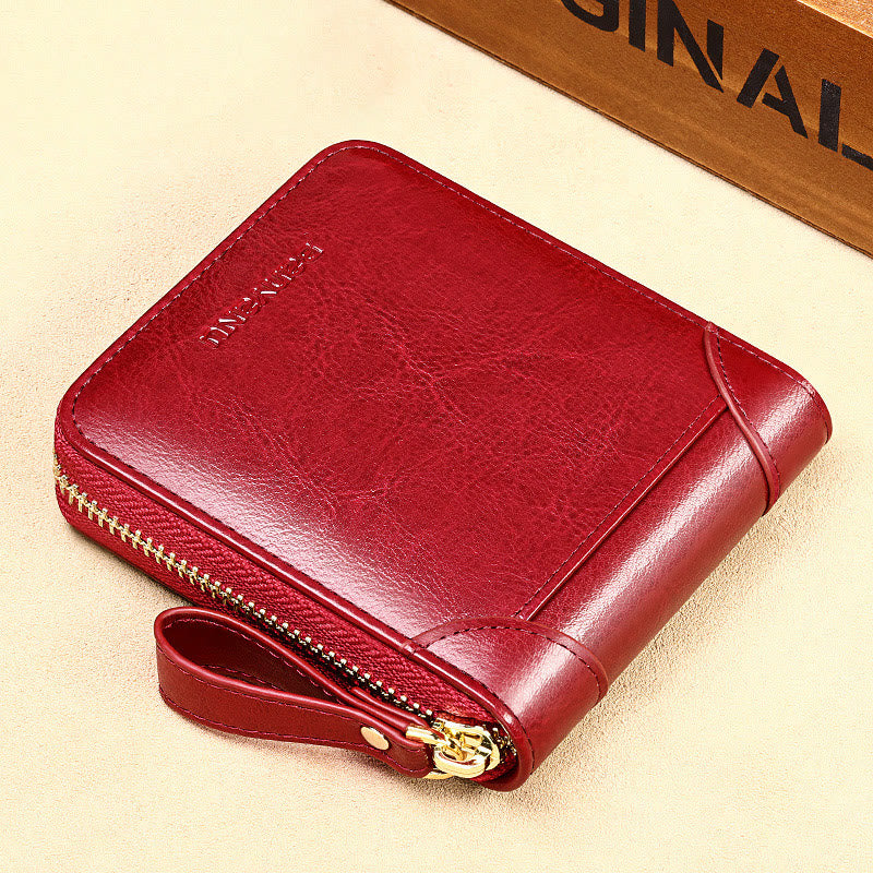 Genuine Leather RFID Blocking Zip Around Trifold Wallet for Women