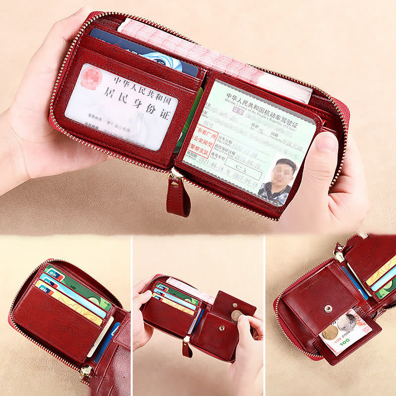 Genuine Leather RFID Blocking Zip Around Trifold Wallet for Women