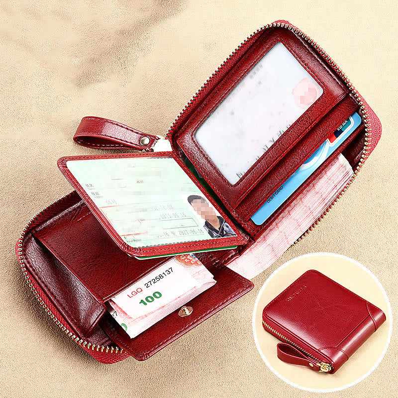 Genuine Leather RFID Blocking Zip Around Trifold Wallet for Women