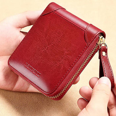 Genuine Leather RFID Blocking Zip Around Trifold Wallet for Women