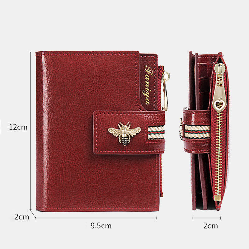 Genuine Leather Trifold Compact Wallet for Women with Zip Pocket