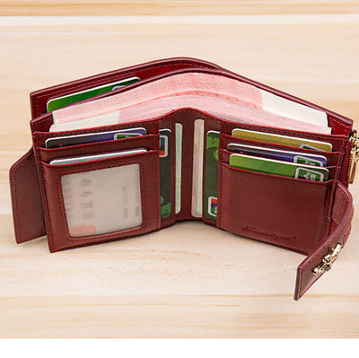 Genuine Leather Trifold Compact Wallet for Women with Zip Pocket