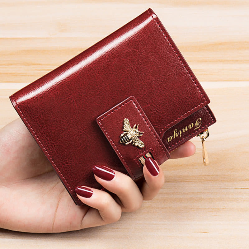 Genuine Leather Trifold Compact Wallet for Women with Zip Pocket