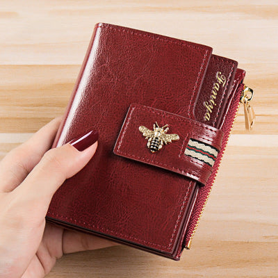 Genuine Leather Trifold Compact Wallet for Women with Zip Pocket