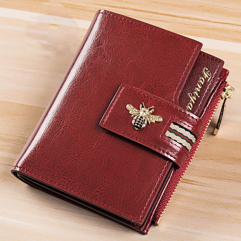 Genuine Leather Trifold Compact Wallet for Women with Zip Pocket