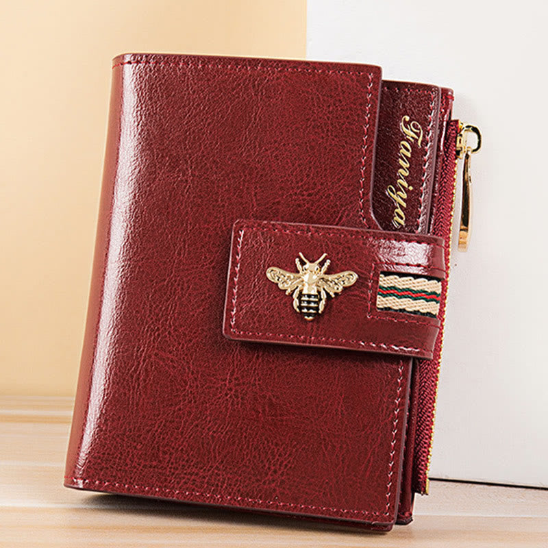 Genuine Leather Trifold Compact Wallet for Women with Zip Pocket