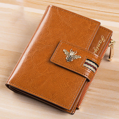 Genuine Leather Trifold Compact Wallet for Women with Zip Pocket