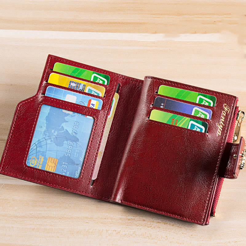 Genuine Leather Trifold Compact Wallet for Women with Zip Pocket