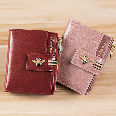 Genuine Leather Trifold Compact Wallet for Women with Zip Pocket