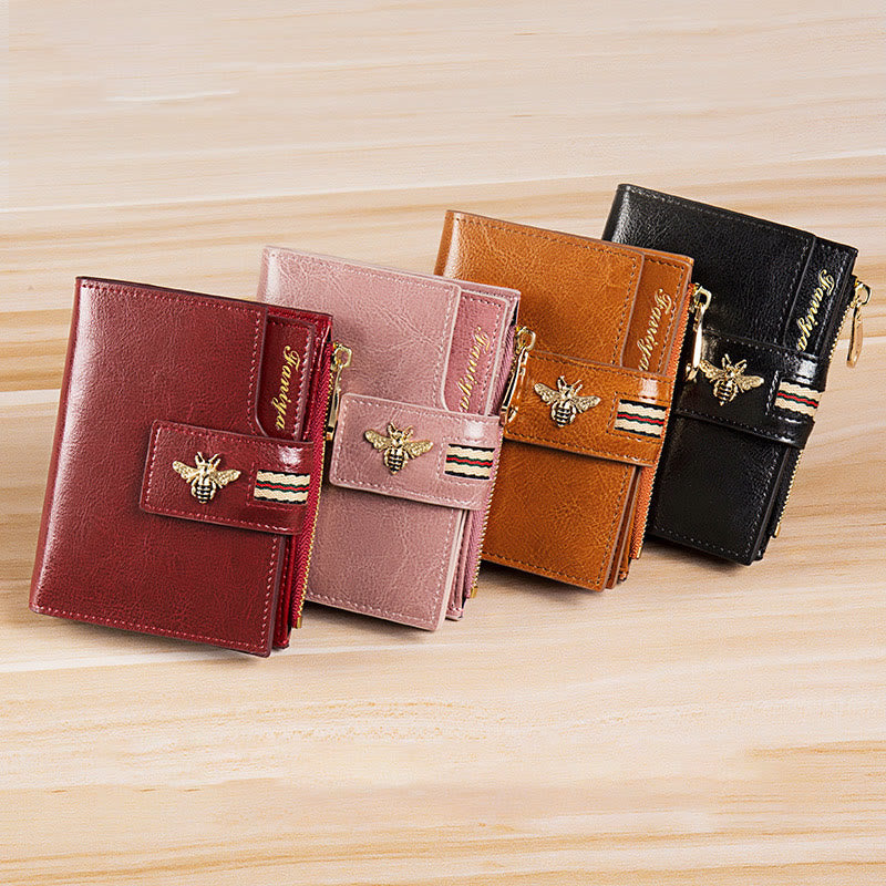 Genuine Leather Trifold Compact Wallet for Women with Zip Pocket