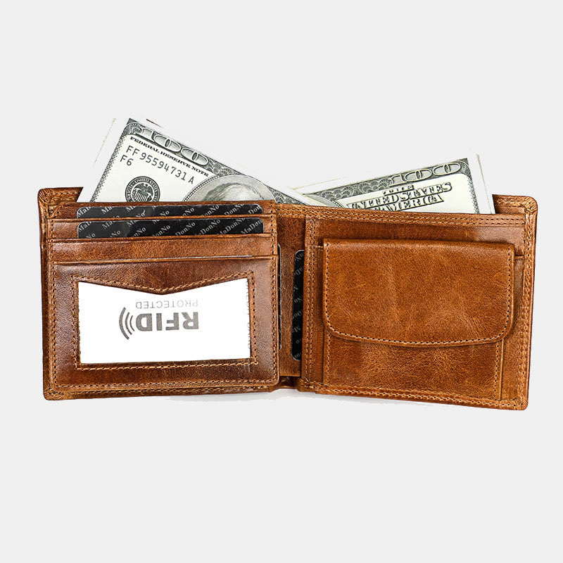 Genuine Leather Bifold Wallet for Men with ID Slot Coin Pocket