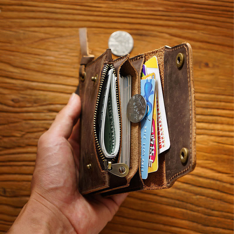 Retro Genuine Leather Bifold Wallet for Men with Zipper Pocket