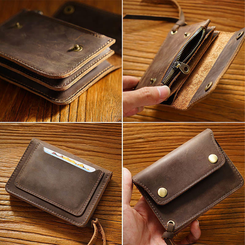 Retro Genuine Leather Bifold Wallet for Men with Zipper Pocket