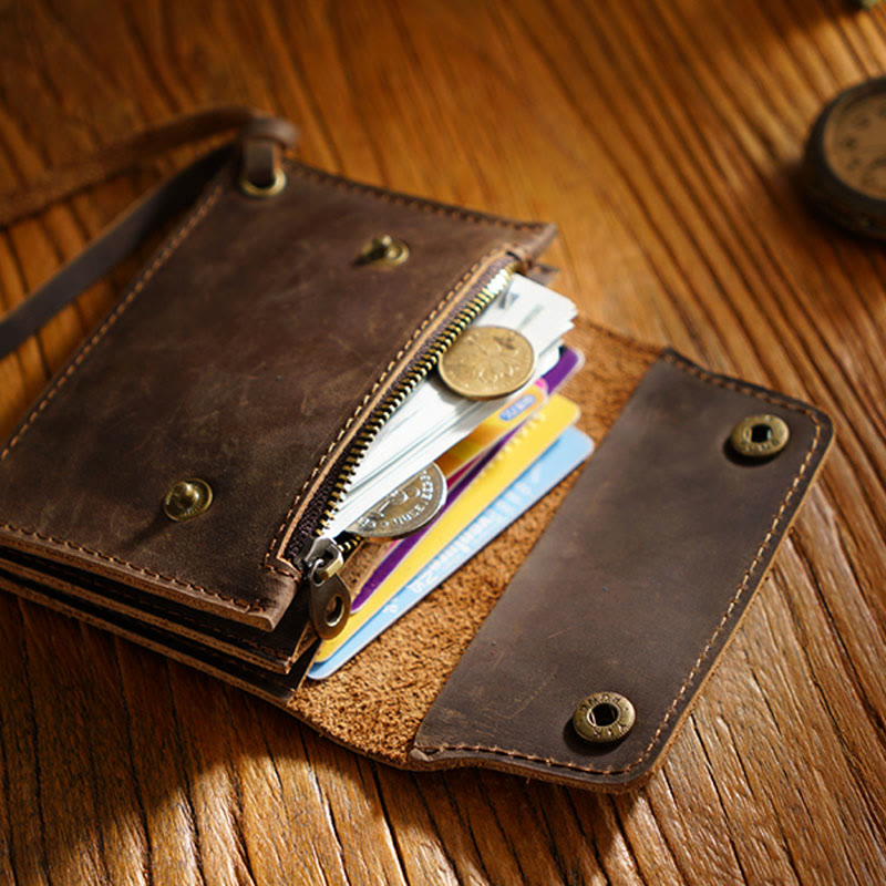 Retro Genuine Leather Bifold Wallet for Men with Zipper Pocket