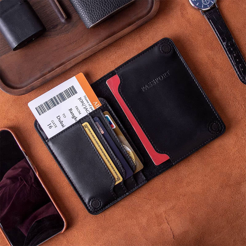 Genuine Leather Minimalist Bifold Magnet Passport Holder Card Holder