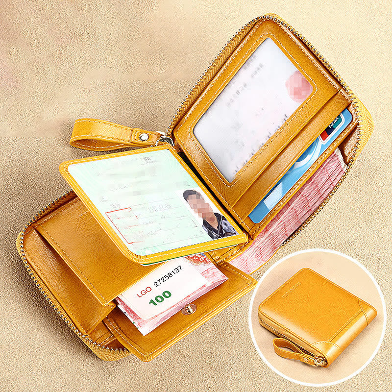 Genuine Leather RFID Blocking Zip Around Trifold Wallet for Women