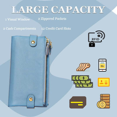 Genuine Leather Bifold Wallet for Women with RFID Blocking Double Zip Pocket