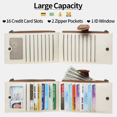 RFID Blocking Daisy Bifold Wallet Card Holder with ID Window Zip Pocket