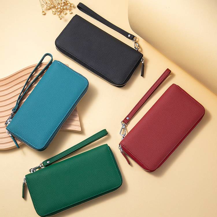 RFID Blocking Women Wallet Genuine Leather Zip Clutch Wristlet Purse