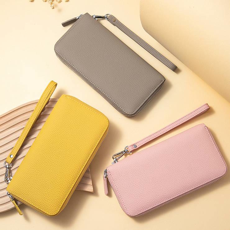 RFID Blocking Women Wallet Genuine Leather Zip Clutch Wristlet Purse