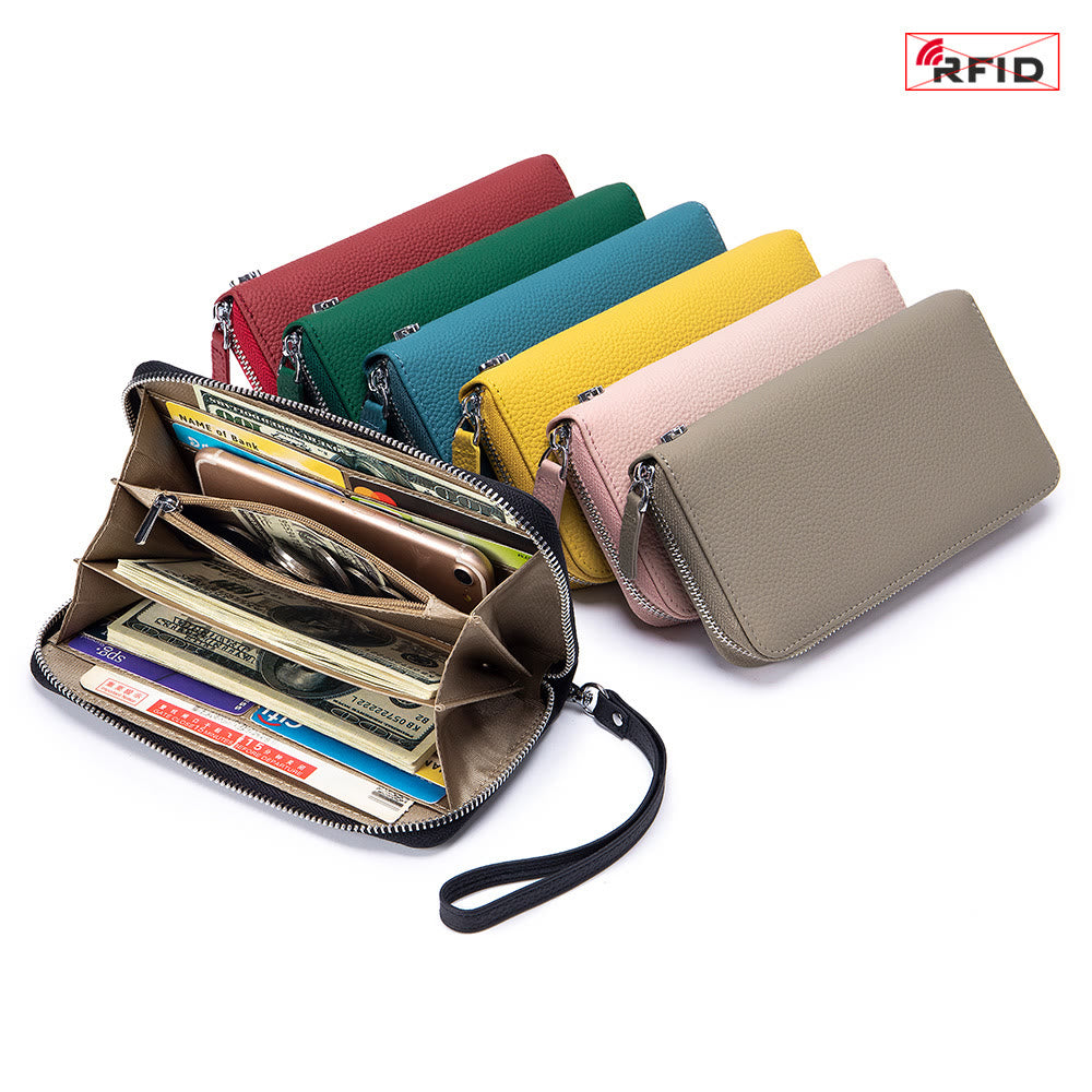 RFID Blocking Women Wallet Genuine Leather Zip Clutch Wristlet Purse