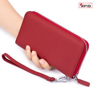 RFID Blocking Women Wallet Genuine Leather Zip Clutch Wristlet Purse