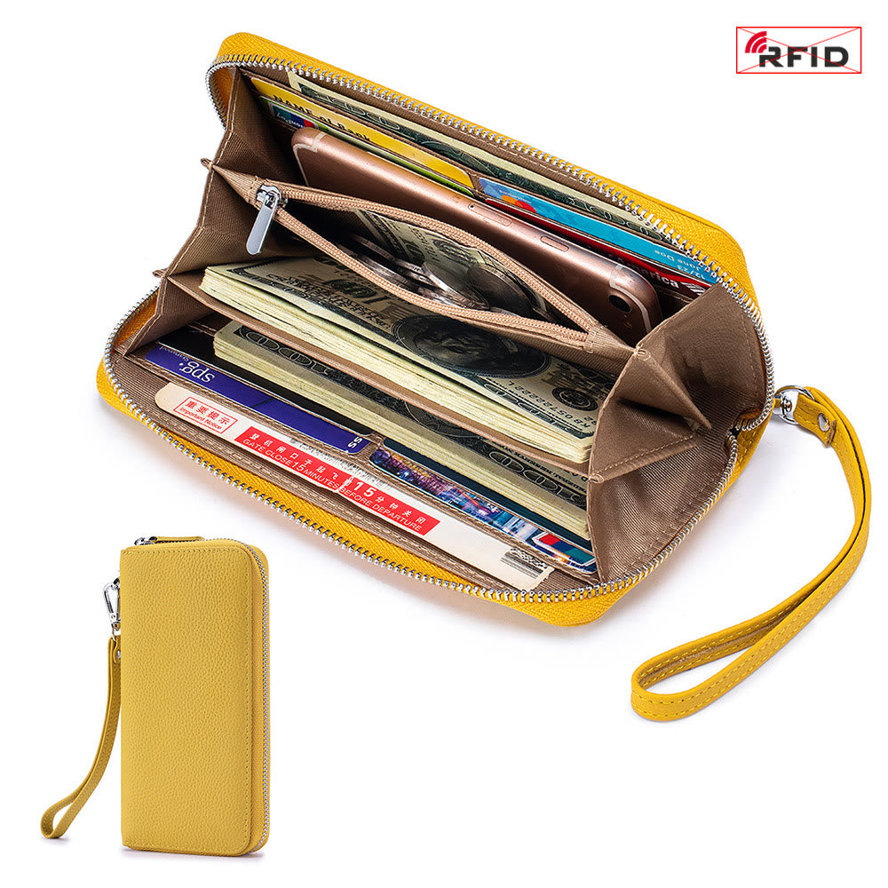 RFID Blocking Women Wallet Genuine Leather Zip Clutch Wristlet Purse