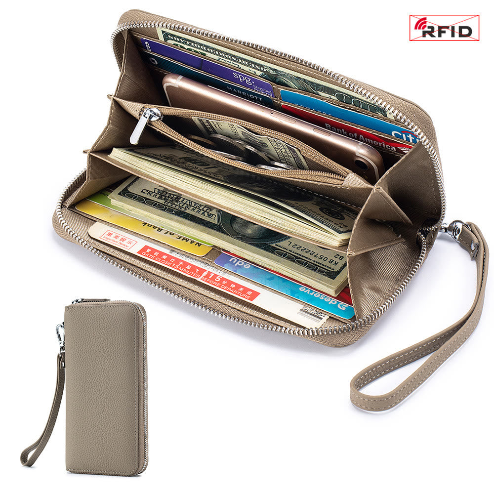 RFID Blocking Women Wallet Genuine Leather Zip Clutch Wristlet Purse