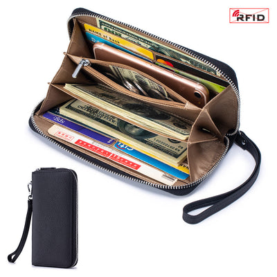 RFID Blocking Women Wallet Genuine Leather Zip Clutch Wristlet Purse