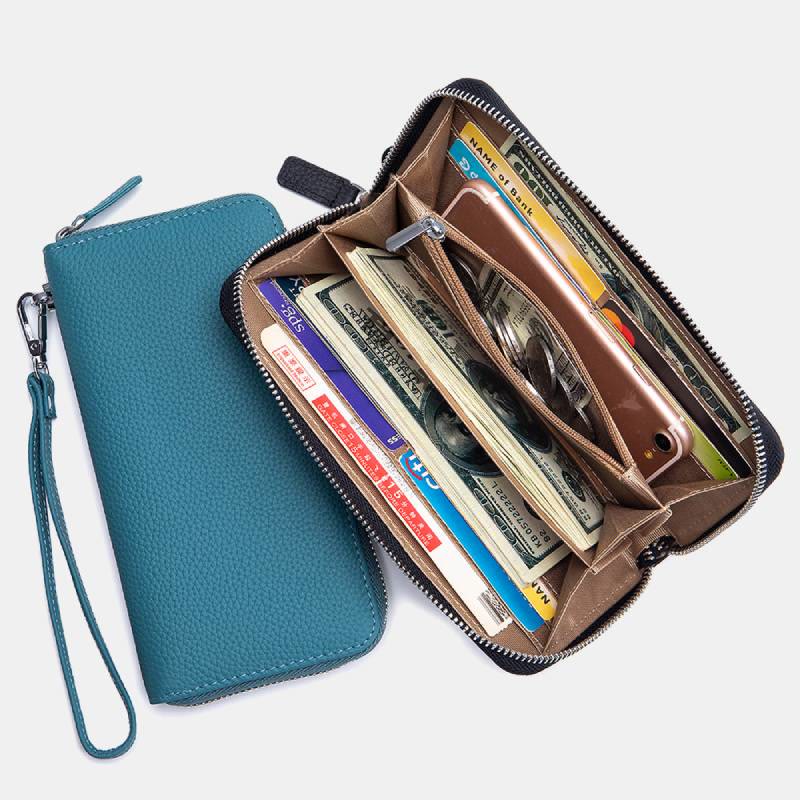 RFID Blocking Women Wallet Genuine Leather Zip Clutch Wristlet Purse