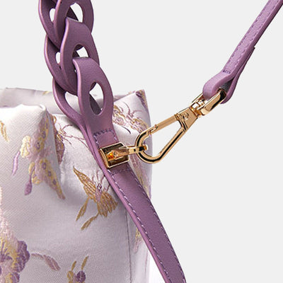 Embroidery Silk Drawstring Bucket Bag Leather Crossbody Bag