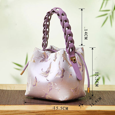 Embroidery Silk Drawstring Bucket Bag Leather Crossbody Bag