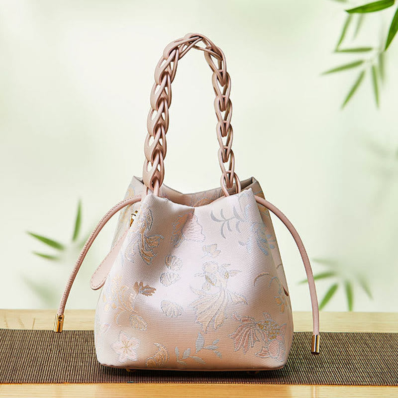 Embroidery Silk Drawstring Bucket Bag Leather Crossbody Bag