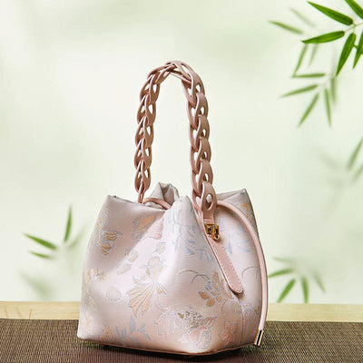 Embroidery Silk Drawstring Bucket Bag Leather Crossbody Bag