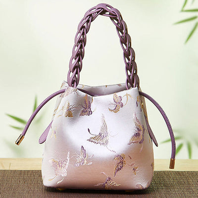 Embroidery Silk Drawstring Bucket Bag Leather Crossbody Bag