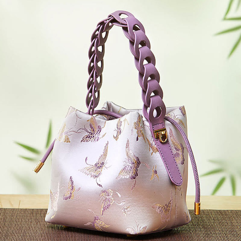 Embroidery Silk Drawstring Bucket Bag Leather Crossbody Bag