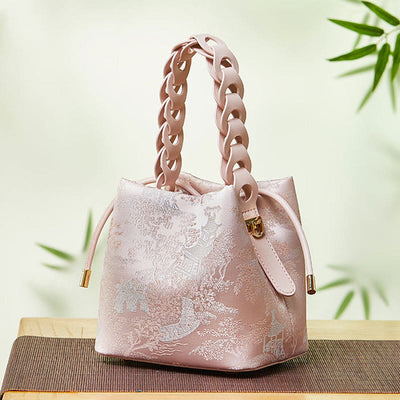 Embroidery Silk Drawstring Bucket Bag Leather Crossbody Bag