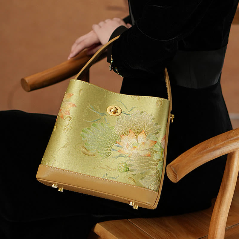 Mulberry Silk Lotus Embroidery Leather Tote Elegant Handbag