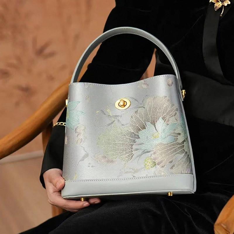 Mulberry Silk Lotus Embroidery Leather Tote Elegant Handbag