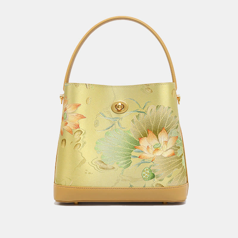 Mulberry Silk Lotus Embroidery Leather Tote Elegant Handbag