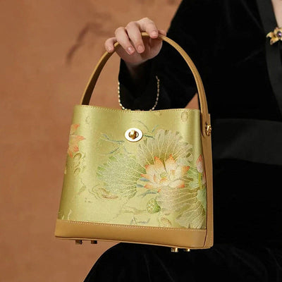 Mulberry Silk Lotus Embroidery Leather Tote Elegant Handbag