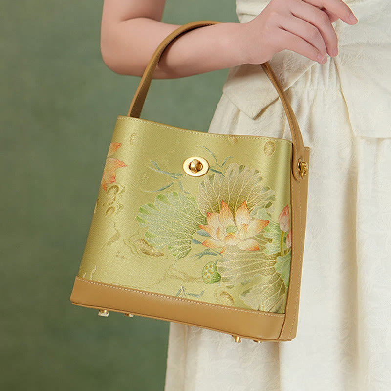 Mulberry Silk Lotus Embroidery Leather Tote Elegant Handbag