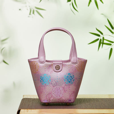 Embroidery Silk Basket Bucket Bag Genuine Leather Handbag