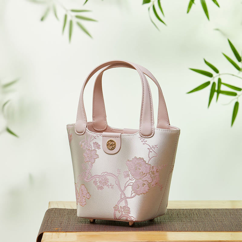 Embroidery Silk Basket Bucket Bag Genuine Leather Handbag